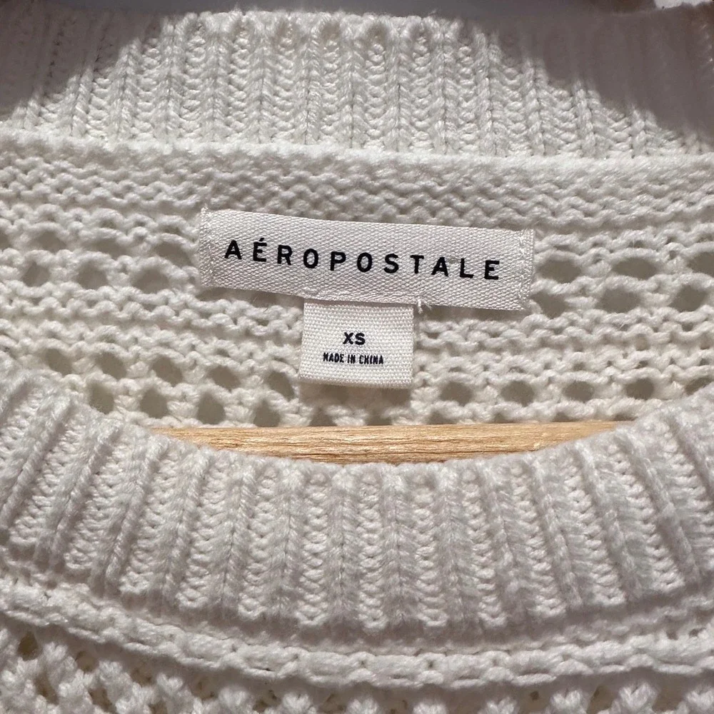 Aeropostale Cream Crochet Knit Sweater XS Cropped Pullover Long Sleeve Women - Picture 4 of 10